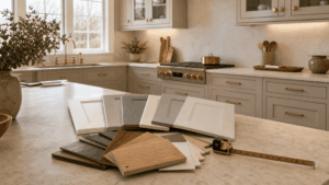 A custom Maine kitchen with door-style and wood samples fanned on the island, illustrating cabinet cost choices.