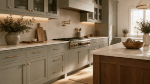 A finished custom kitchen with painted Shaker cabinetry, a wood island, and brushed-brass hardware in a Greater Portland home.