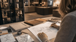 A kitchen designer's hands arranging door samples and a layout drawing at a Greater Portland showroom worktable.