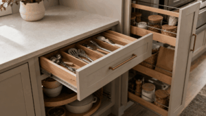 An open custom kitchen cabinet with a pull-out drawer organizer and a tall pull-out pantry showing smart small-kitchen storage.