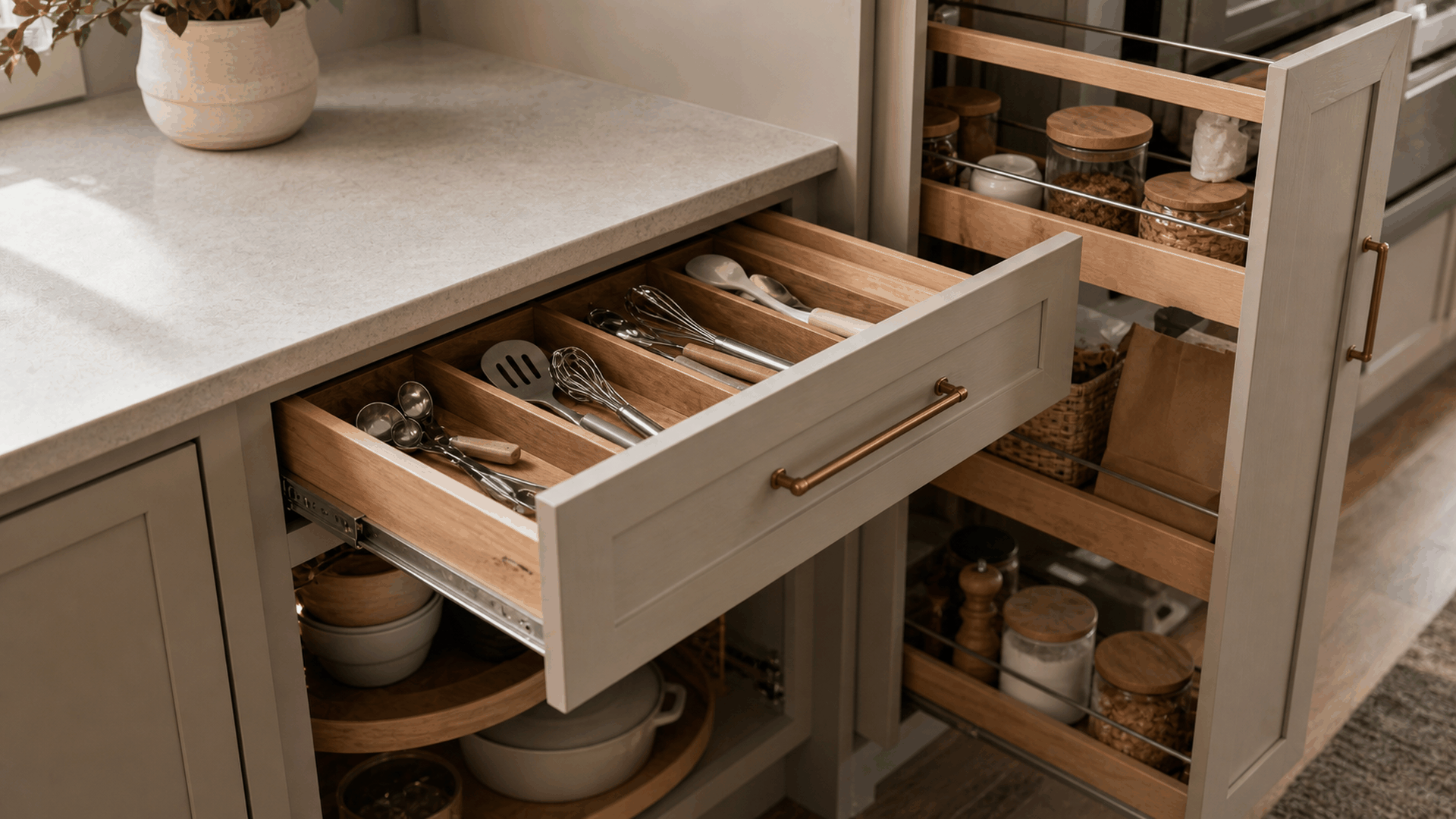 An open custom kitchen cabinet with a pull-out drawer organizer and a tall pull-out pantry showing smart small-kitchen storage.