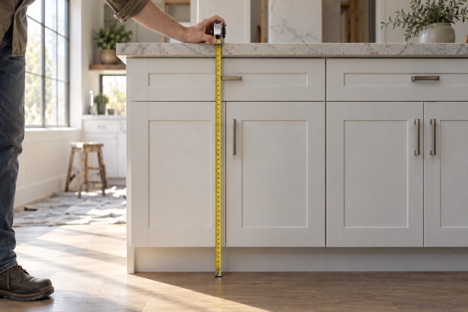 A tape measure held upright against a white base cabinet in a kitchen showroom, running from the toe kick to the underside of the countertop.