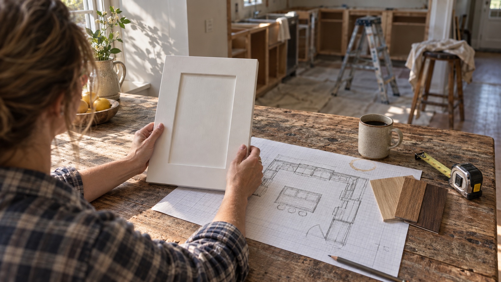A homeowner holds a cabinet door sample up against a hand-sketched kitchen floor plan on a table, with wood-finish swatches and a tape measure nearby.