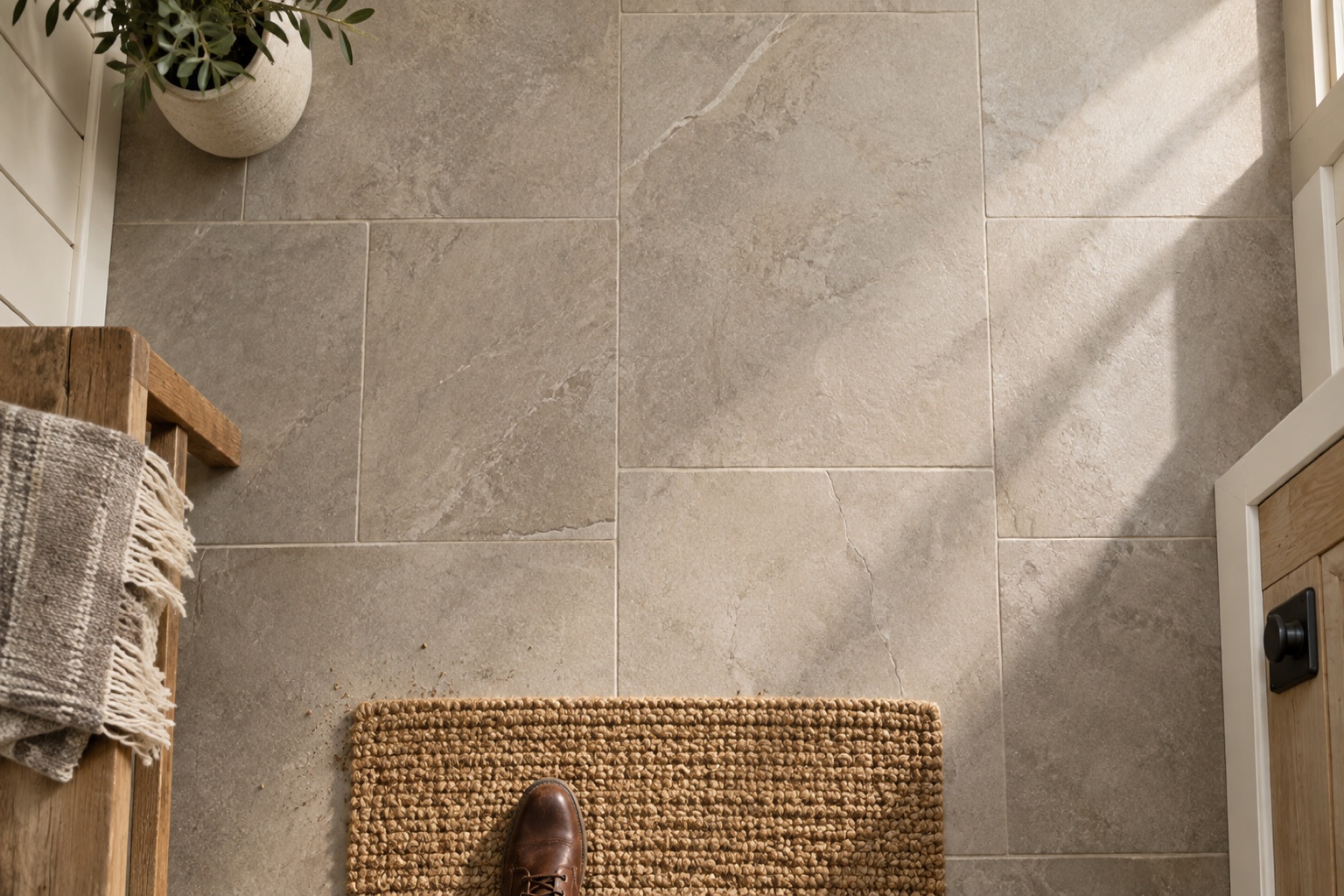 An overhead view of large-format porcelain tile flooring in a sunlit entryway, with a woven jute doormat and the toe of a leather boot at the edge of the frame.